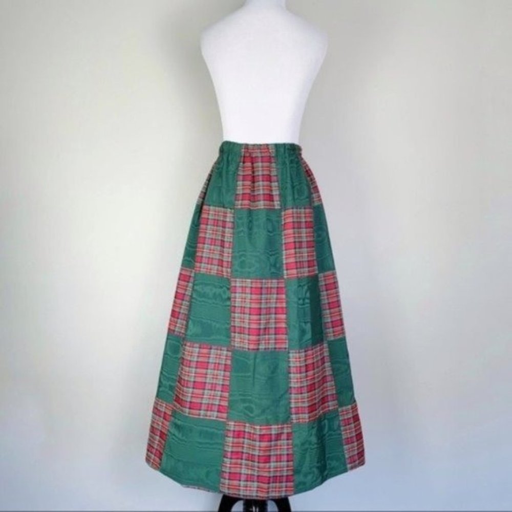 Vintage 70s Green & Red Plaid Satin Patchwork Maxi A-Line Skirt by Mr. Hank - Picture 6 of 8